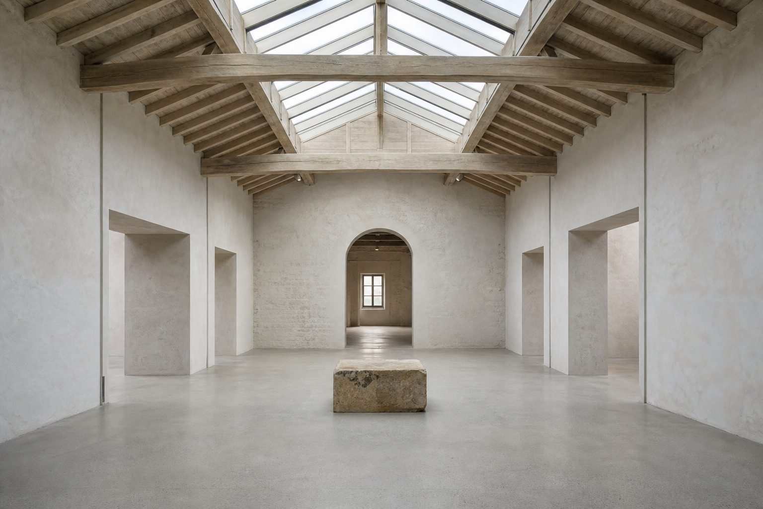 Adaptive reuse gallery interior with skylight and exposed timber beams