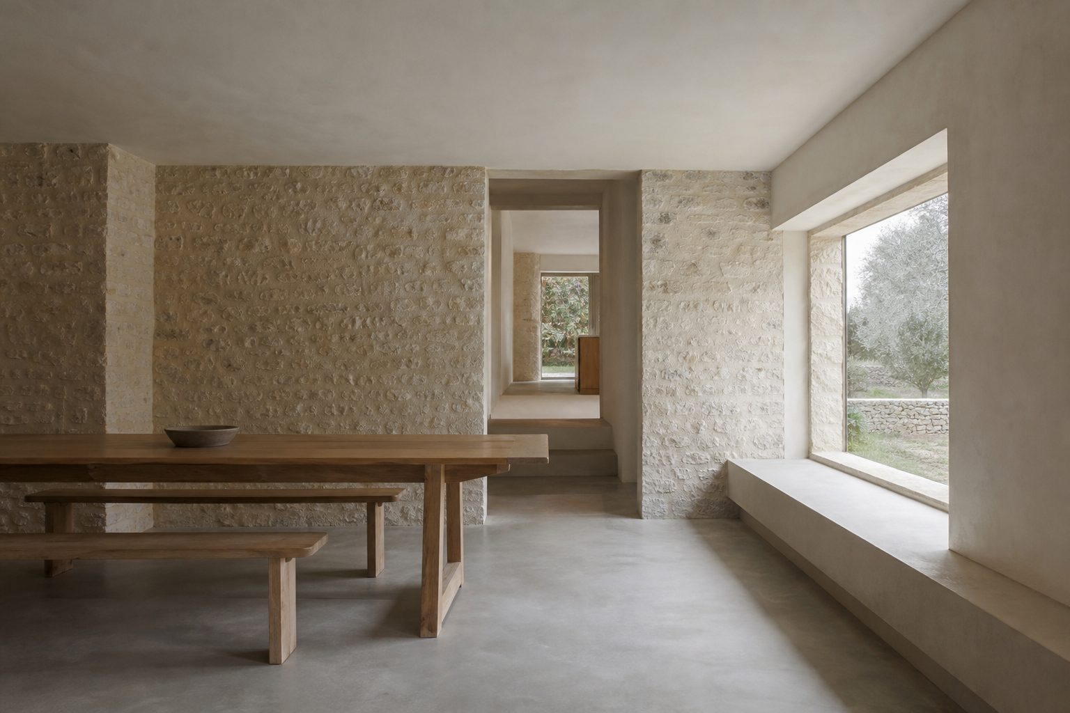 Minimal stone and timber residential interior with soft daylight